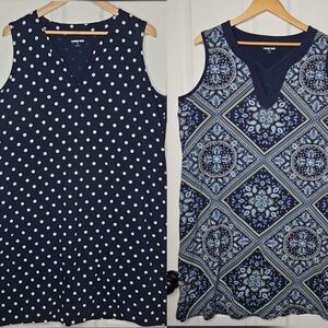2 Lands End Sleeveless Cotton Cover Up Dress Size XL Navy Blue Polka Dot Paisley